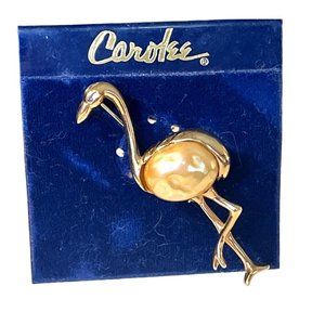 Vintage Rhinestone Faux Pearl Gold Tone Flamingo Brooch Signed Carolee